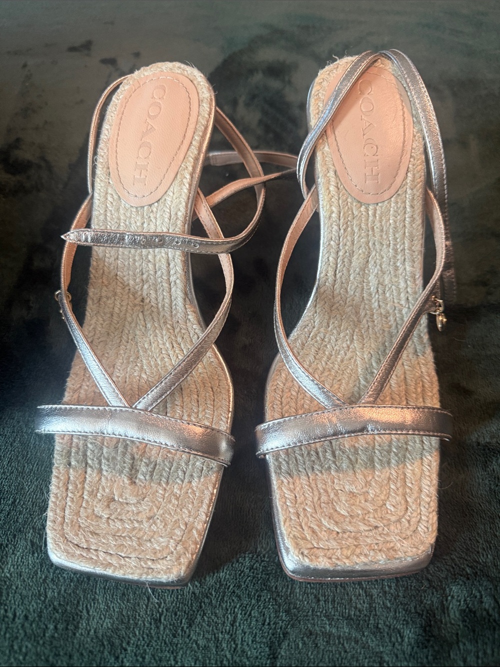 Coach Metallic Silver Espadrille Strappy Sandals
